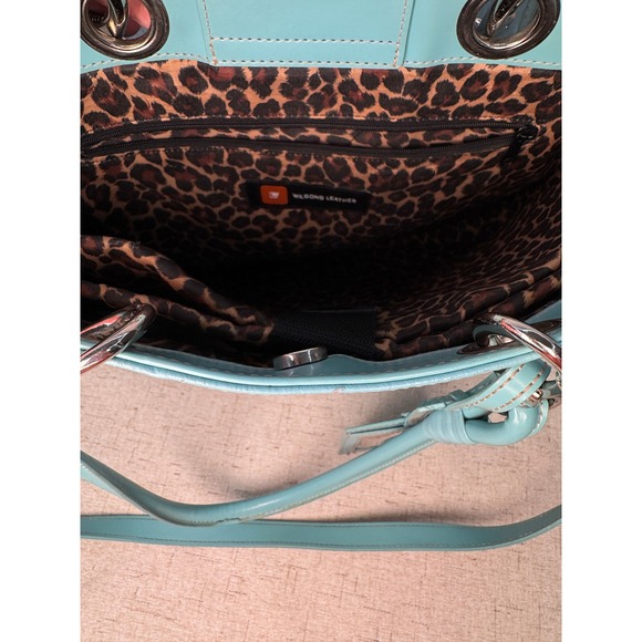 Wilsons Leather Turquoise Tote Shoulder Bag Crossbody Leopard Lining Insert - Picture 2 of 10